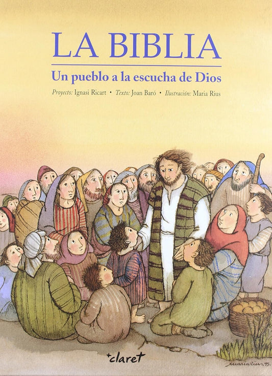 Book cover of 'La Biblia' with illustration of Jesus teaching a crowd, featuring the Claret logo.