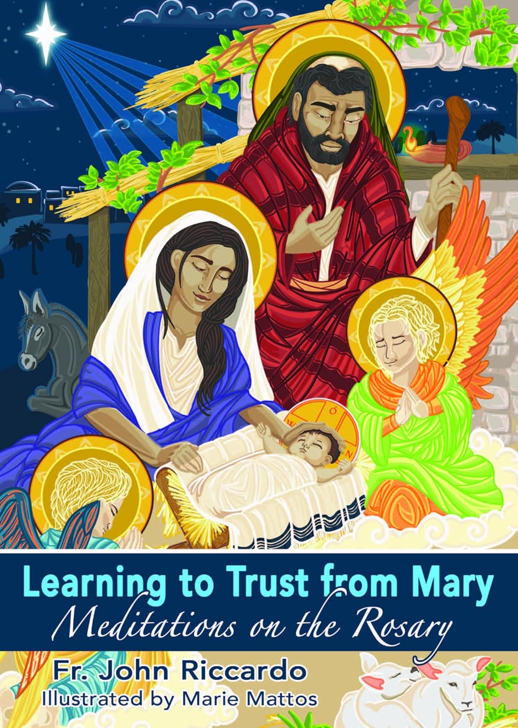 Illustration of the Nativity scene with Mary, Joseph, and baby Jesus, surrounded by stars and angels.