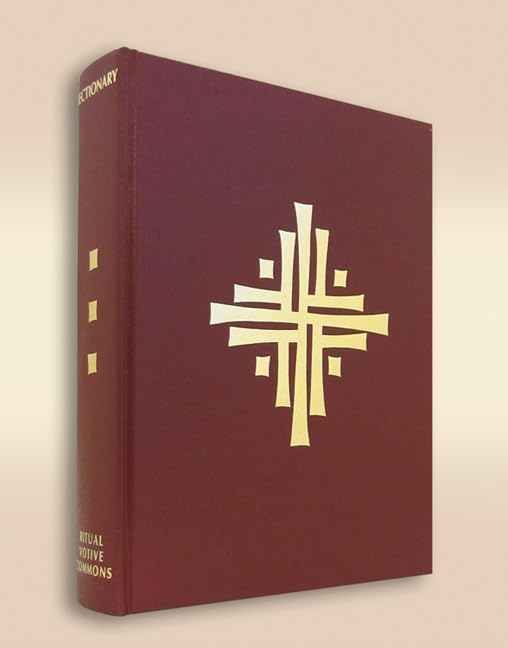 Maroon book with gold cross design on a beige background