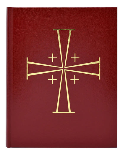 Red book with gold cross design on a white background