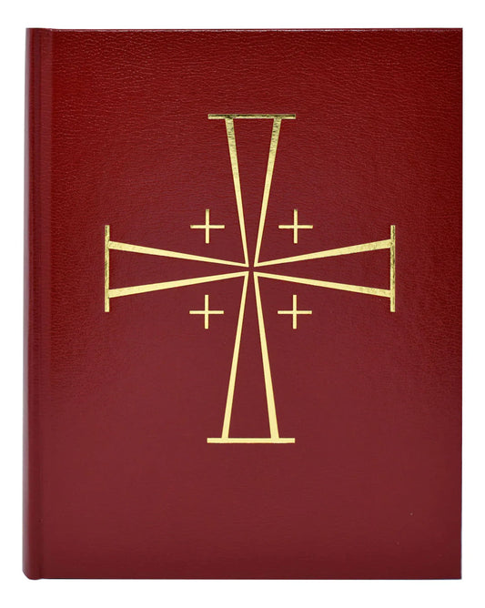 Red book with gold cross design on a white background