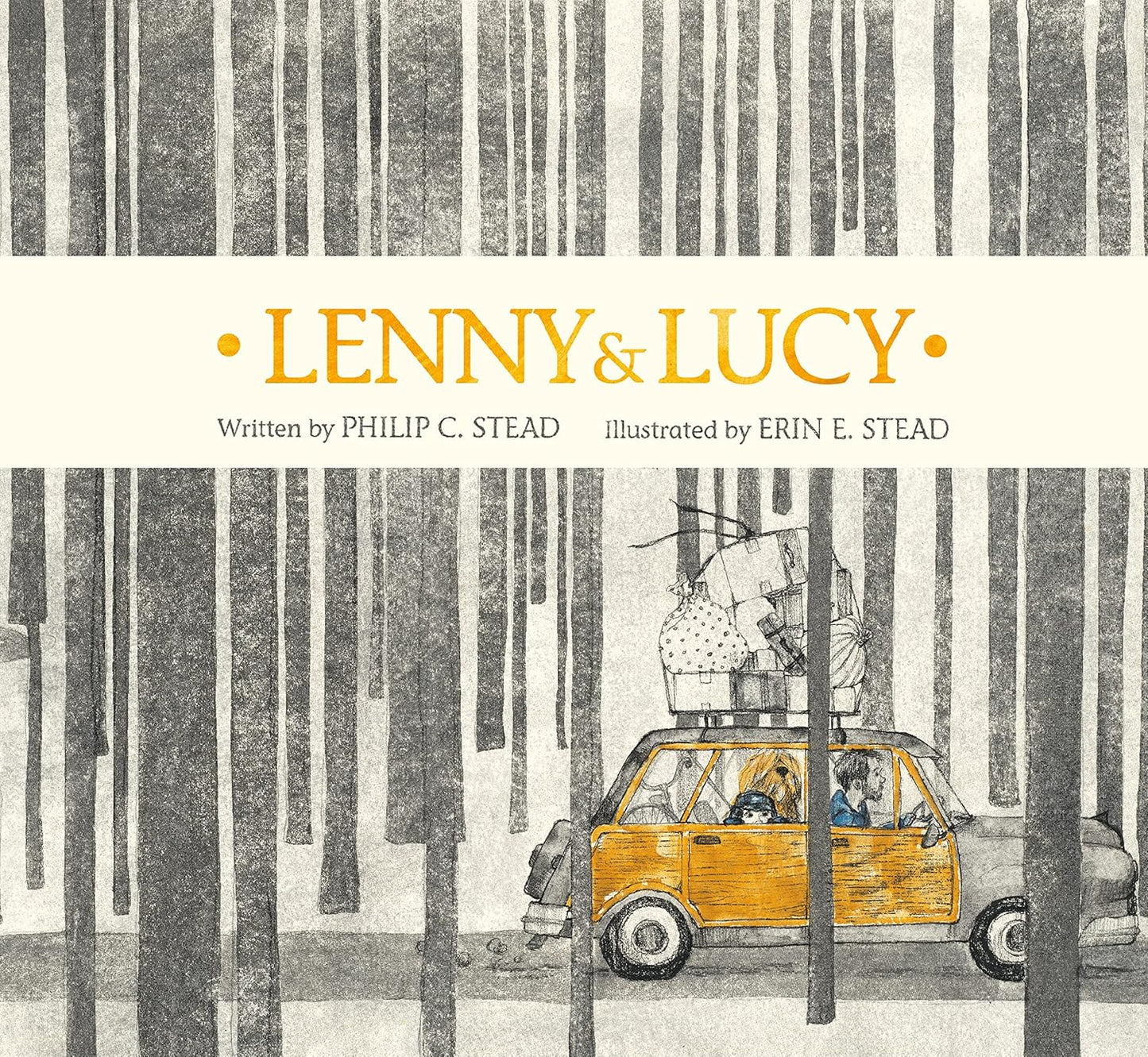 Book cover of 'Lenny & Lucy' with a yellow car and people in a forest setting.