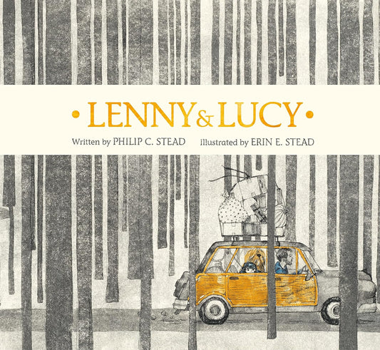 Book cover of 'Lenny & Lucy' with a yellow car and people in a forest setting.