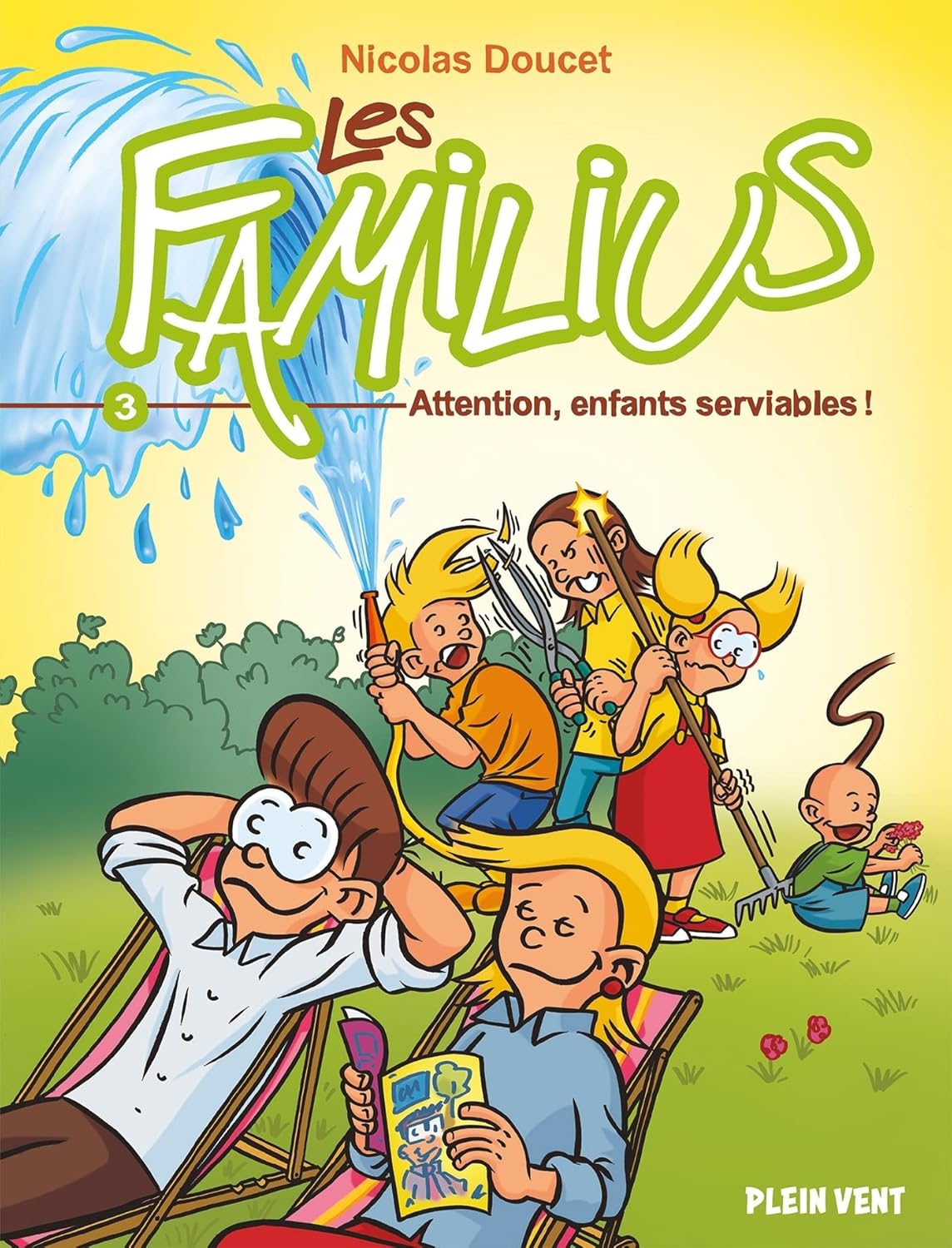 Comic book cover titled 'Les Familius' with children playing outdoors and text on a yellow background.