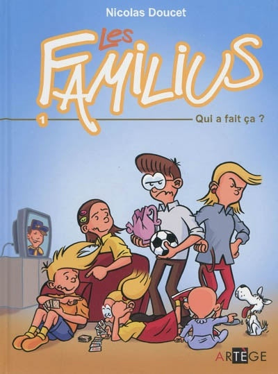 Book cover of 'Les Familius' with cartoon characters and a blue background