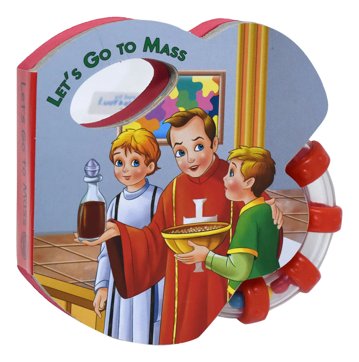 Children's book titled 'Let's Go to Mass' with illustrations of three boys in religious attire.