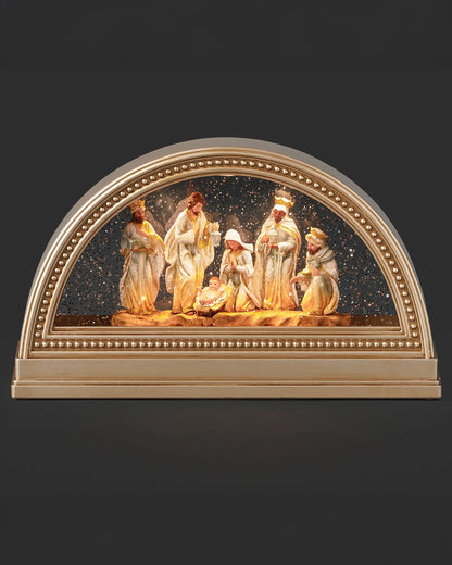 Decorative nativity scene with arch frame on a dark background