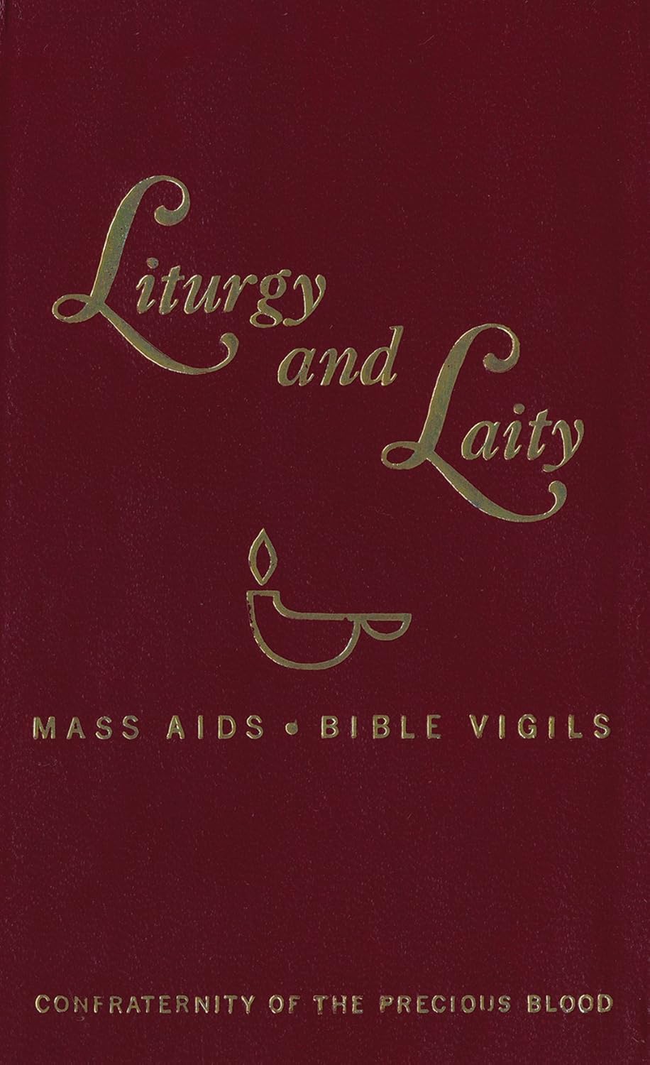 Red book cover with gold text and a candle symbol, titled 'Liturgy and Laity'.