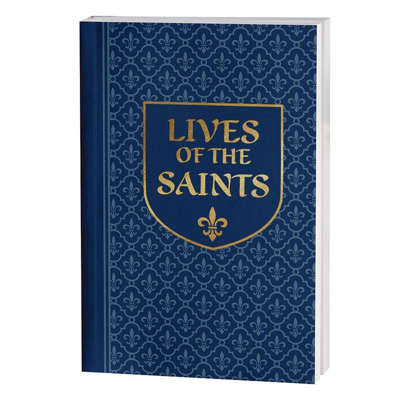 Book titled 'Lives of the Saints' with a blue cover and gold text on a white background