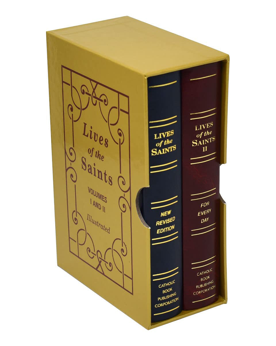 Set of books titled 'Lives of the Saints' in a yellow box on a white background