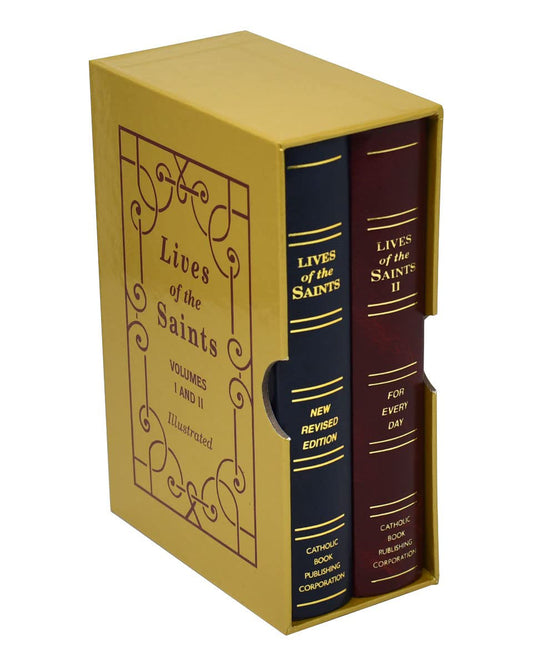 Set of books titled 'Lives of the Saints' in a yellow box on a white background