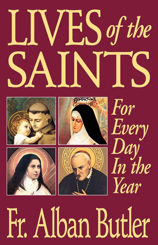 Book cover of 'Lives of the Saints' by Fr. Alban Butler with images of saints on a red background.