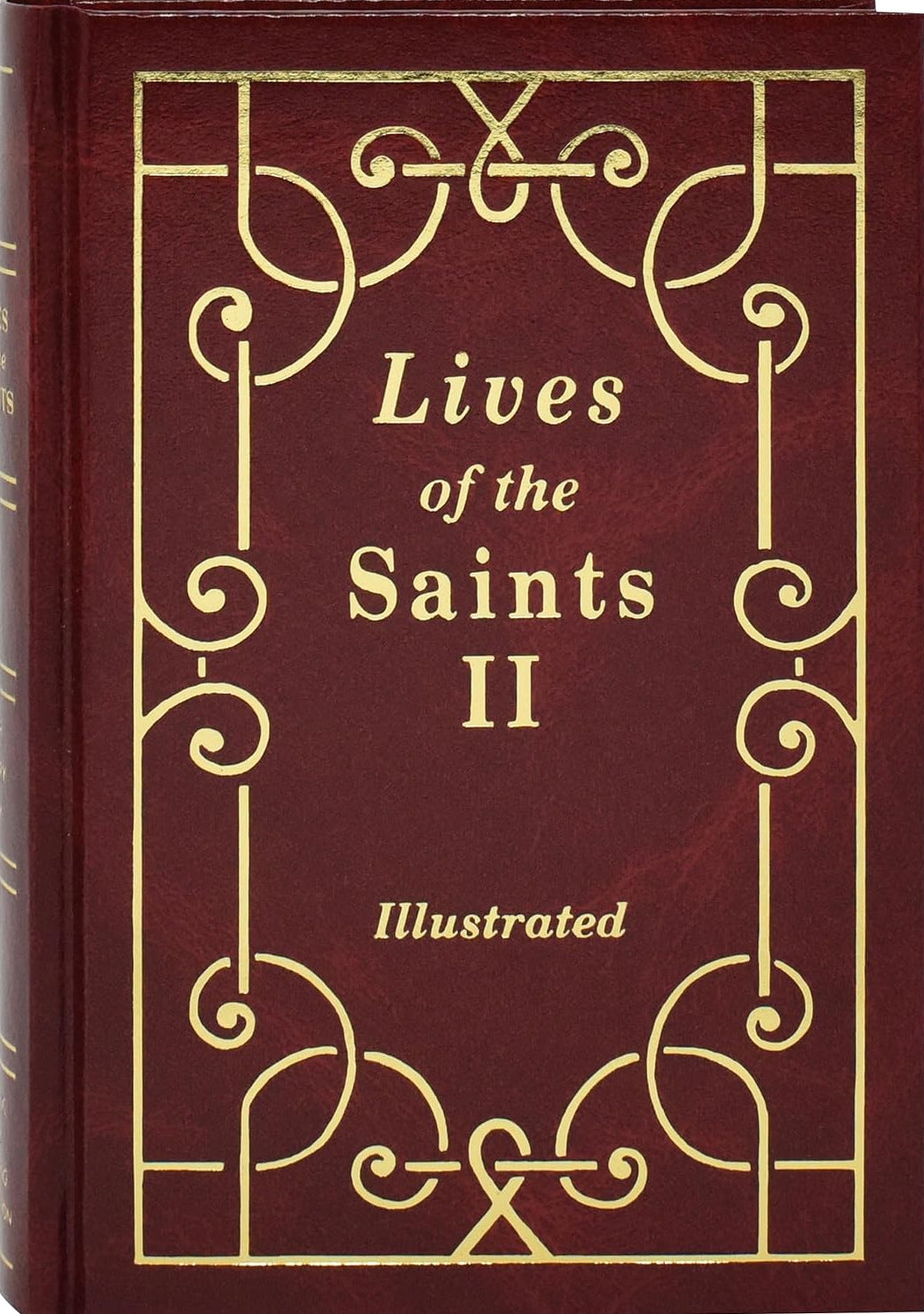 Book titled 'Lives of the Saints II' with decorative gold design on a red background