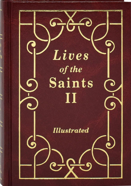 Book titled 'Lives of the Saints II' with decorative gold design on a red background