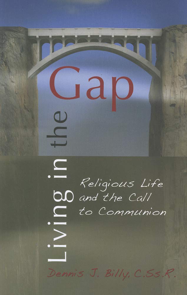 Book cover of 'Living in the Gap' with a bridge design and text about religious life and communion.