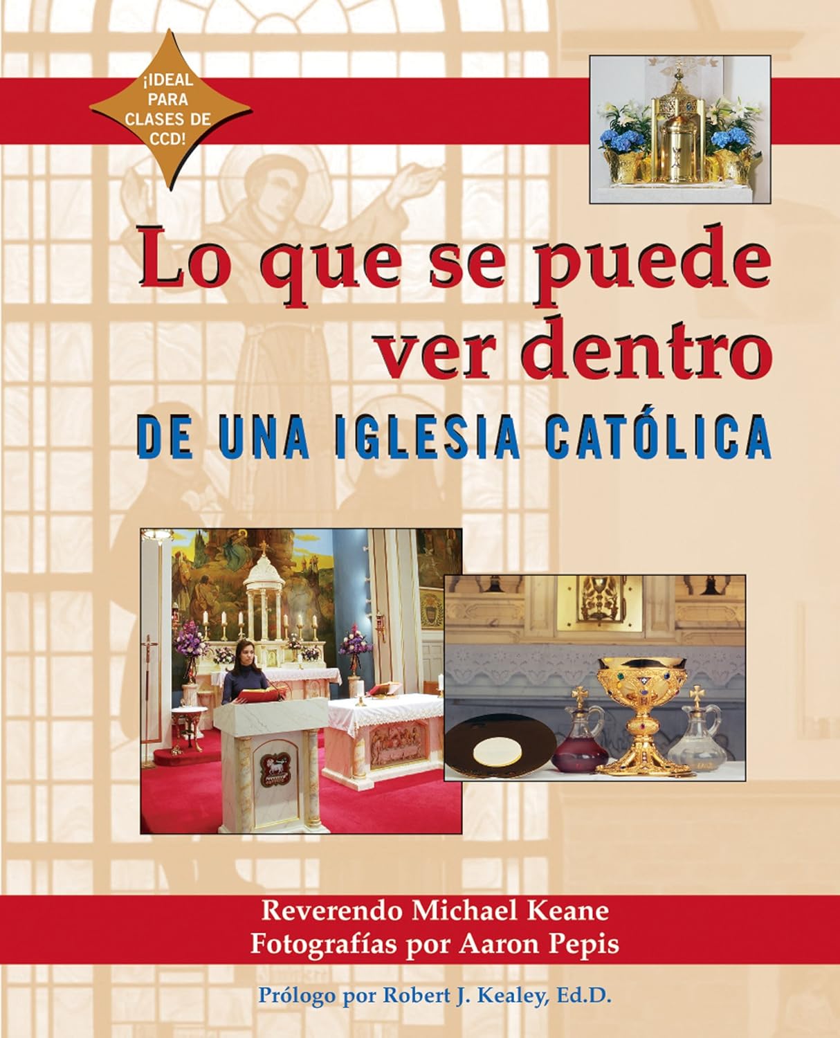 Book cover of 'Lo que se puede ver dentro de una Iglesia Catélica' with images of a church interior and text.
