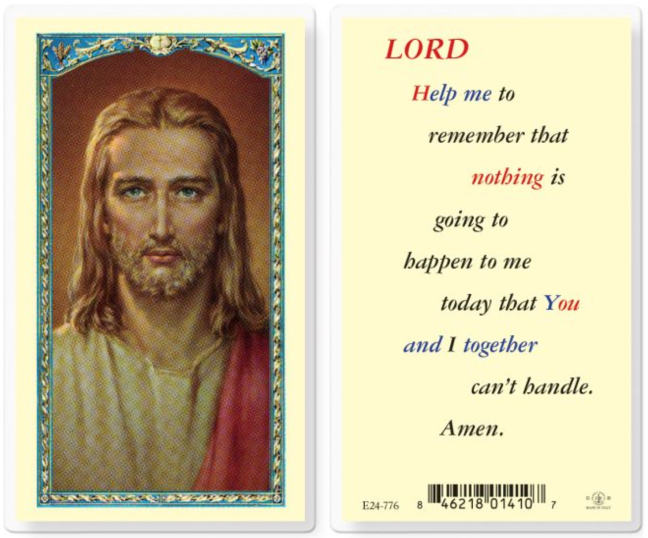 Prayer card with a portrait of a religious figure and a prayer text on a white background