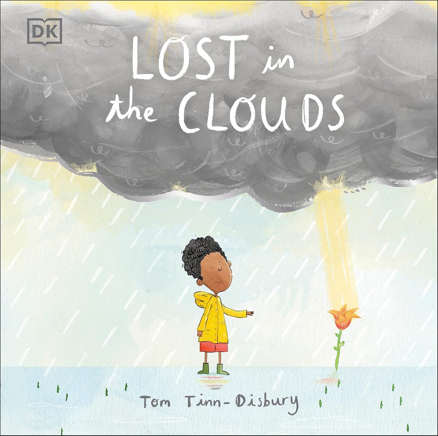 Book cover of 'Lost in the Clouds' with a child in a yellow raincoat standing under a cloud.