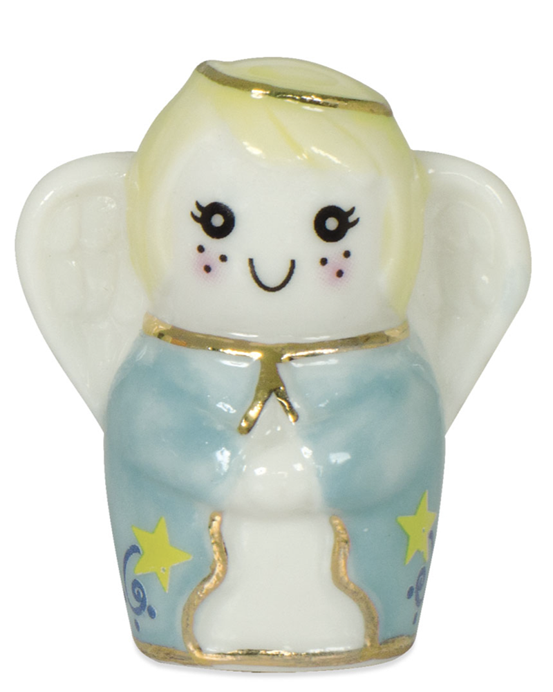 Small angel figurine with a blue robe and yellow stars on a white background