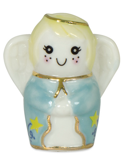 Small angel figurine with a blue robe and yellow stars on a white background
