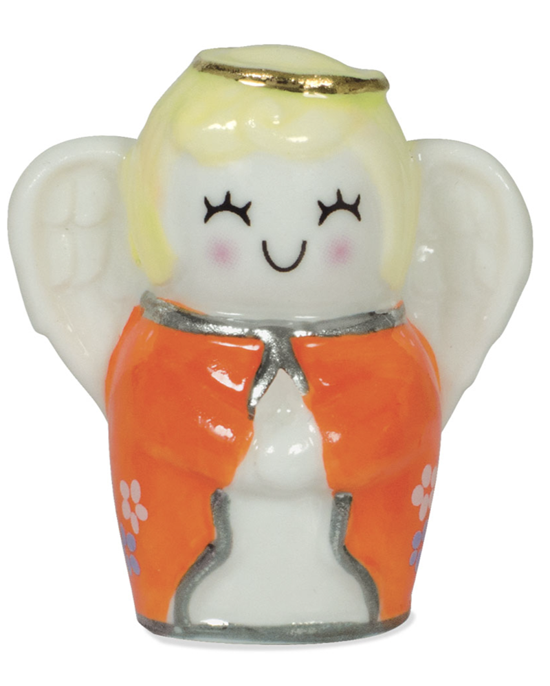Small angel figurine with blonde hair, orange dress, and white wings on a white background