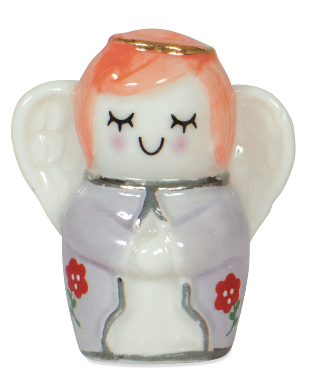 Small ceramic angel figurine with pink hair and a purple outfit on a white background