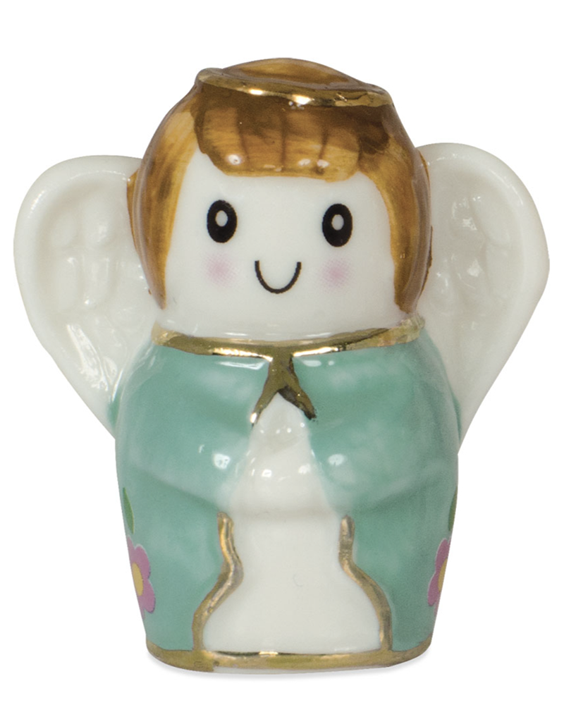 Small angel figurine with a green dress and gold accents on a white background