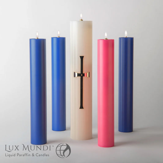 Five candles of different colors with a central beige candle featuring a cross design, on a light gray background. Lux Mundi logo visible.