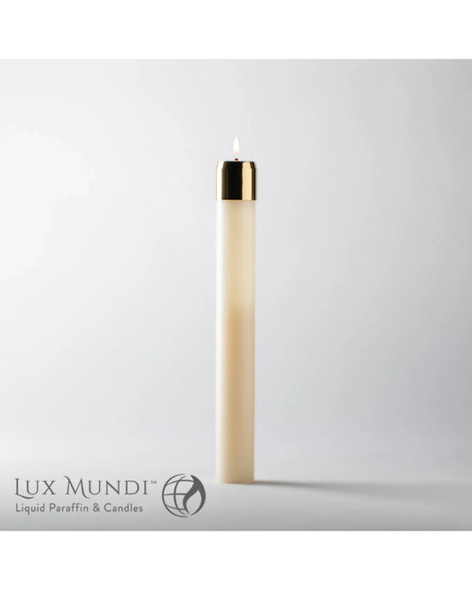Candle with gold accent on a white background, featuring Lux Mundi branding.