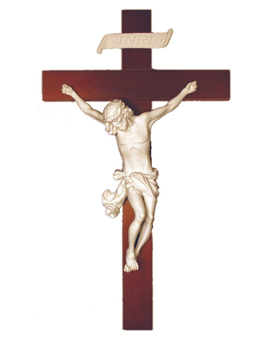 Wood Wall Crucifix with White Alabaster Corpus 14"