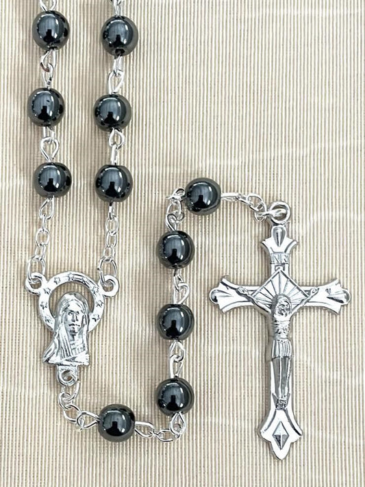 6mm Hematite Rosary with Silver Crucifix