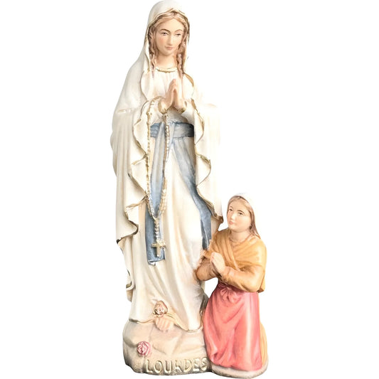 Our Lady of Lourdes with St. Bernadette Carved in Val Gardena Wood, Colour