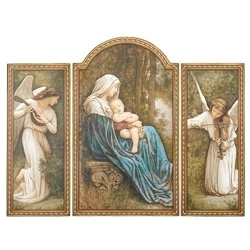 A triptych religious artwork depicting the Madonna with child and two angels, framed and designed for wall hanging.