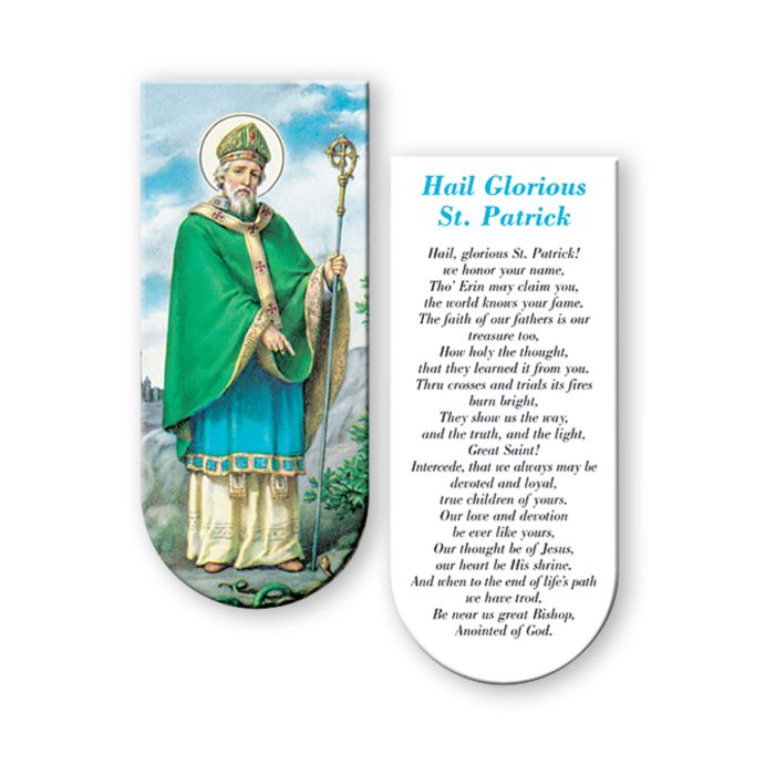 St. Patrick prayer card with a depiction of St. Patrick on one side and text on the other.