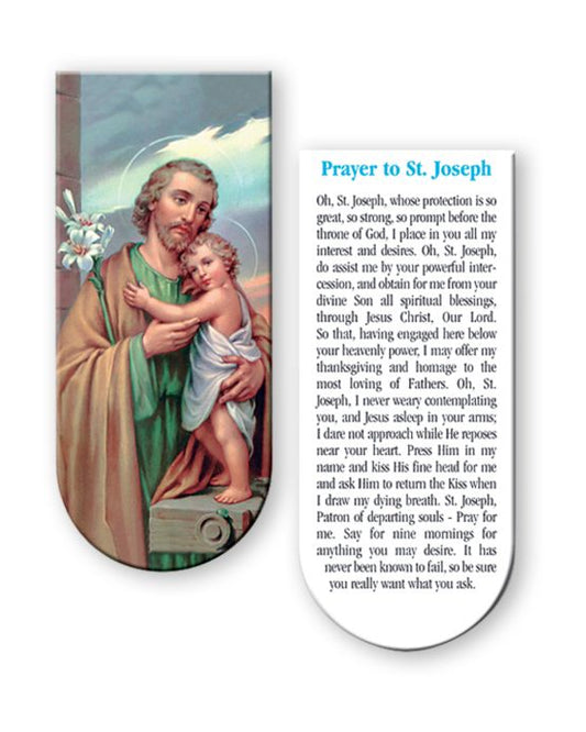 A magnetic bookmark featuring St. Joseph with a child, with a prayer to St. Joseph on the reverse side.