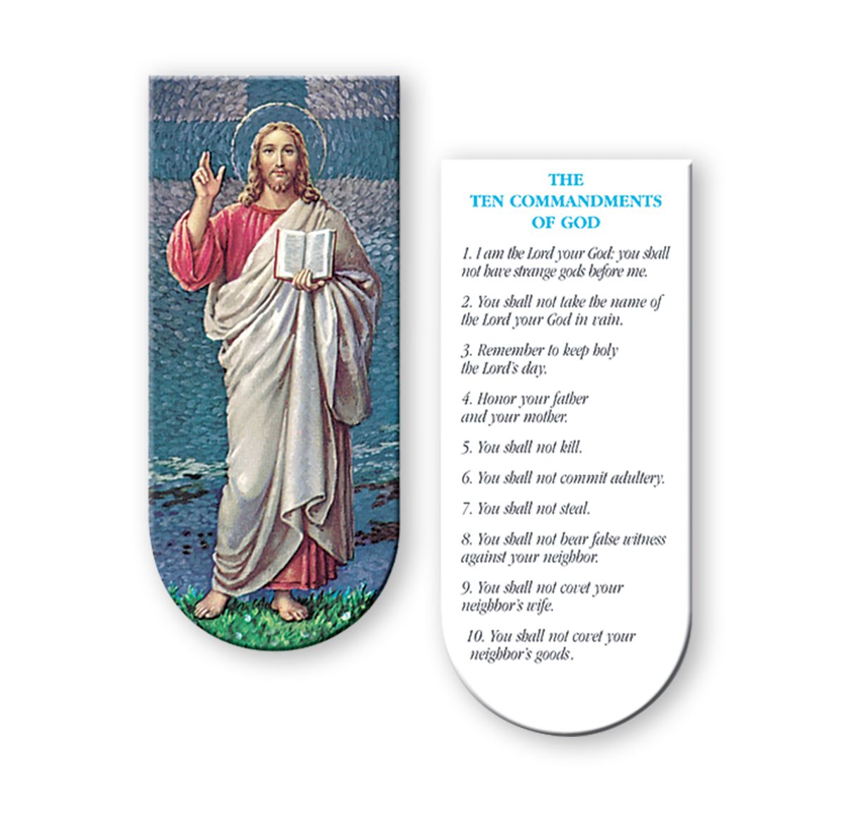 Card with illustration of a religious figure holding a book and 'Ten Commandments' text on a white background
