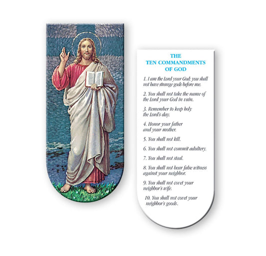 Card with illustration of a religious figure holding a book and 'Ten Commandments' text on a white background
