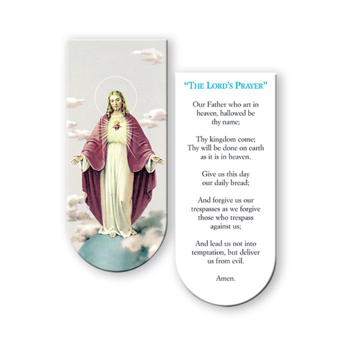 A magnetic bookmark featuring an illustration of the Virgin Mary with a quote of 'The Lord's Prayer' in Italian on the reverse side.