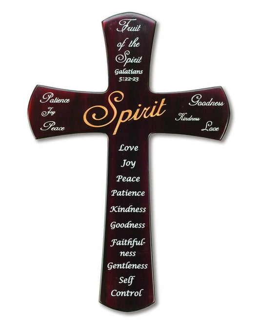 Decorative cross with engraved words on a white background