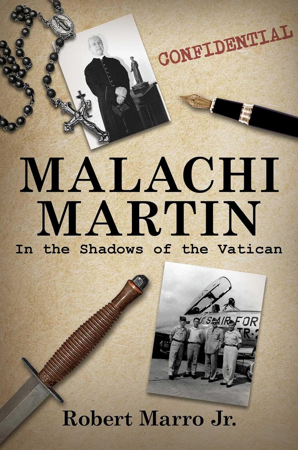 Book cover of 'Malachi Martin: In the Shadows of the Vatican' by Robert Marro Jr. with vintage photos, sword, and pen.