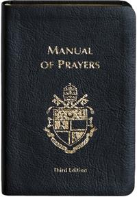 Cover of 'Manual of Prayers Third Edition' with a shield emblem in gold on a dark synthetic leather background.