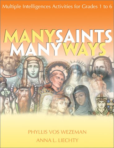 Book cover of 'Many Saints, Many Ways' with illustrations of saints and title text.