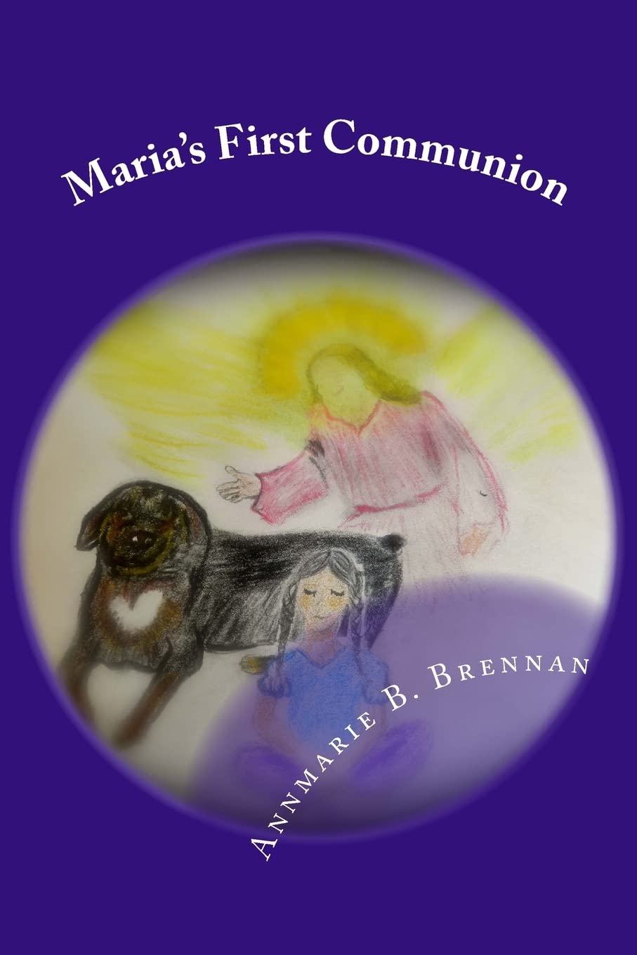 Book cover of 'Maria's First Communion' with a drawing of a girl and a dog on a purple background.