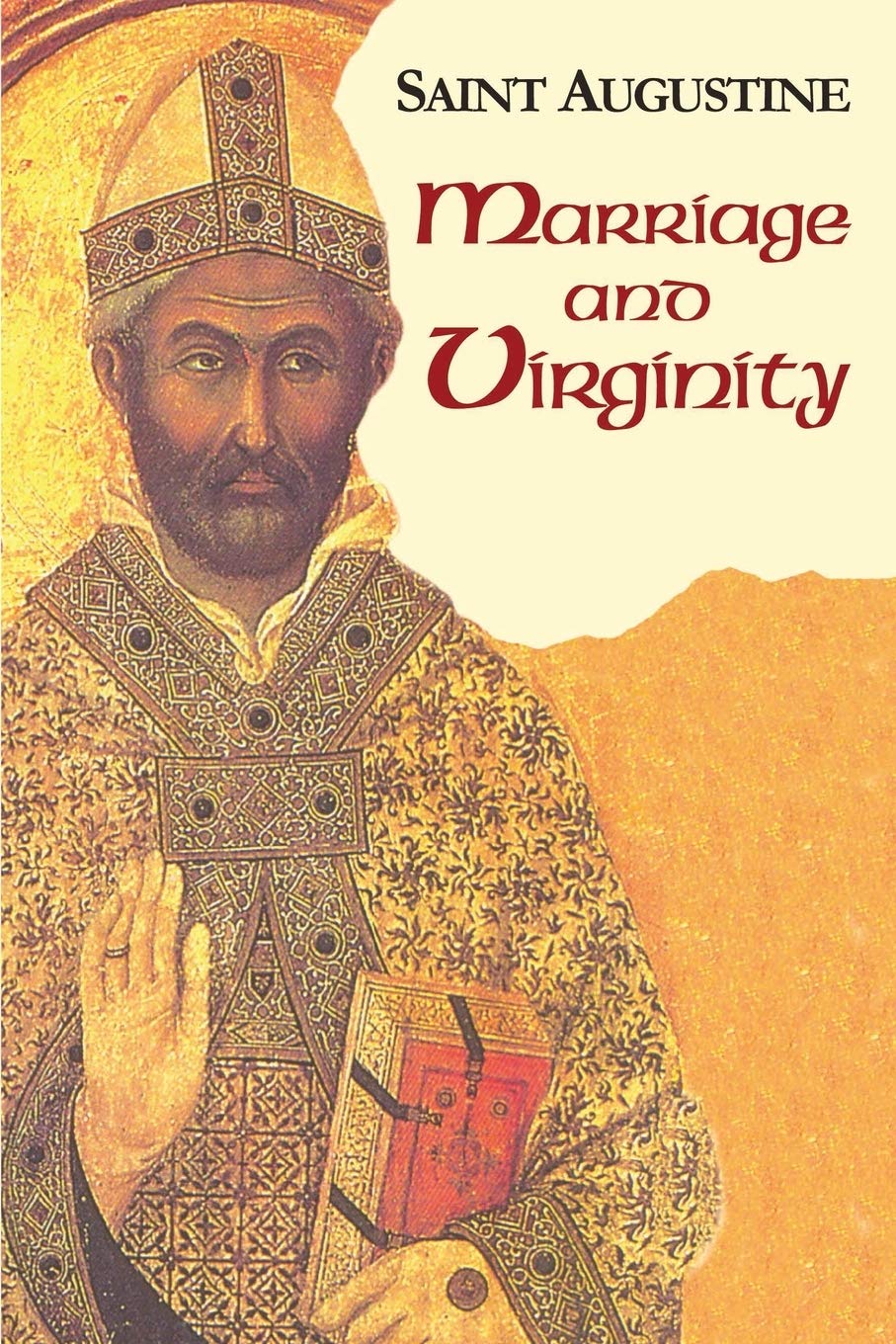 Book cover featuring a historical figure holding a book with 'Saint Augustine Marriage and Virginity' text.
