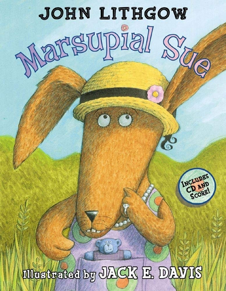 Book cover of 'Marsupial Sue' featuring a cartoon kangaroo character with a hat and a CD.