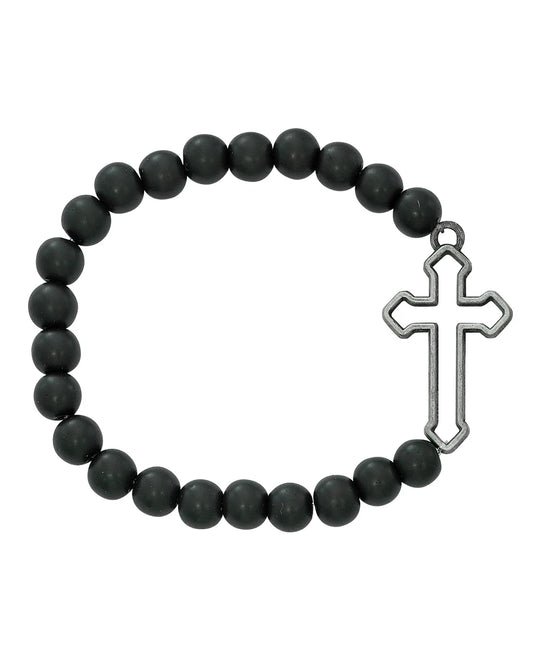 Black beaded bracelet with a silver cross charm on a white background