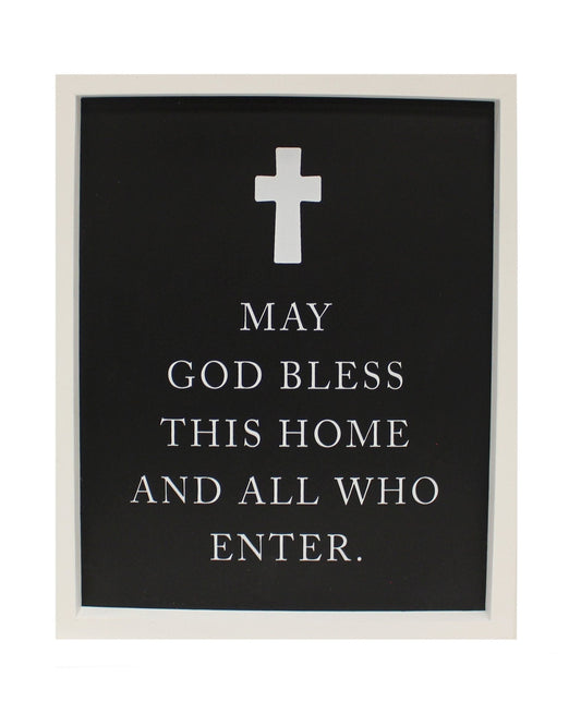 A black plaque with a white cross and text that reads 'May God Bless this HOME and ALL WHO ENTER'.
