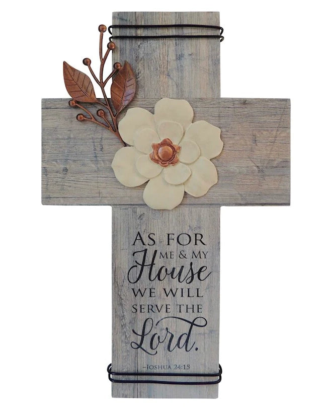 Wooden cross with floral design and text on a white background