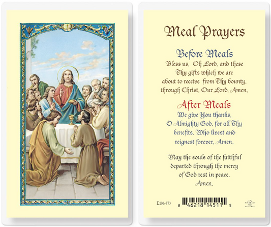 Prayer card with religious illustration and text on a yellow background