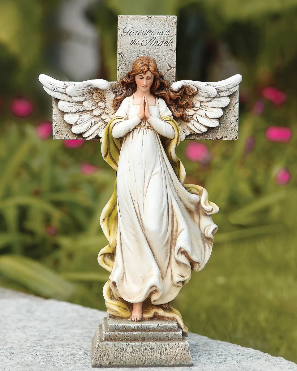 Memorial Angel with Cross Garden Statue 12"